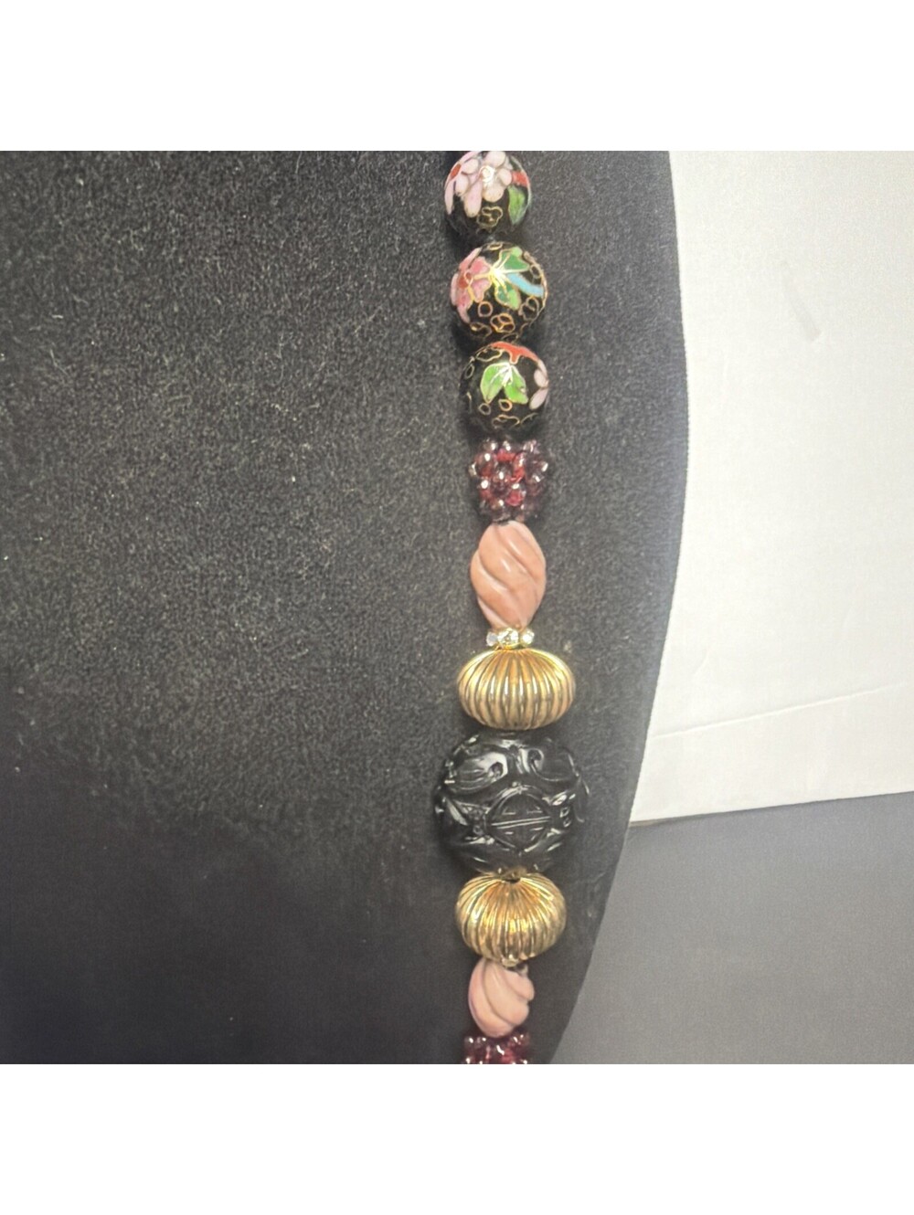 Vintage Art Glass Beaded Necklace Wedding Cake Style Beads Stone Carved Chinese - Picture 7 of 14